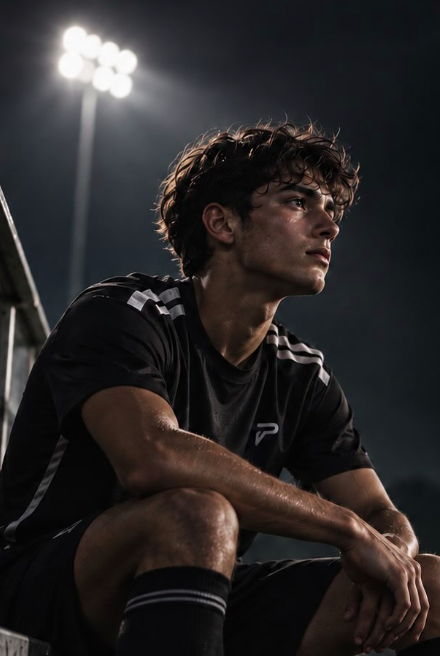 Young footballer under stadium floodlights at night